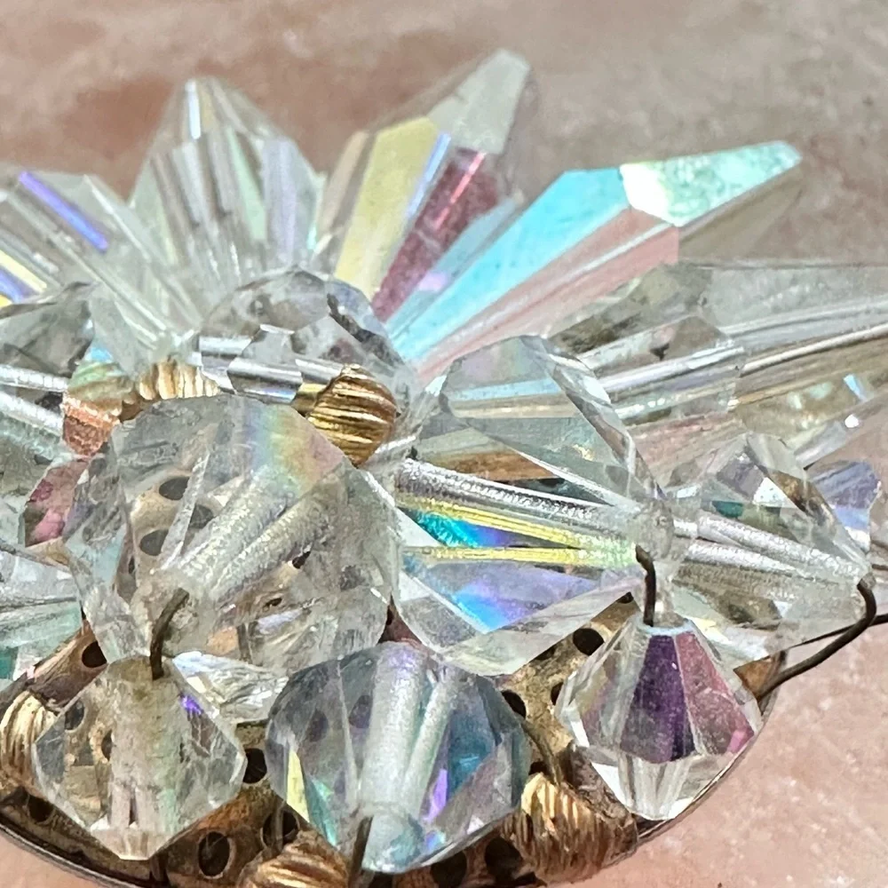 Vintage AB Crystal Starburst Wire Set Beaded Cluster Faceted Pin Brooch 0705 Y